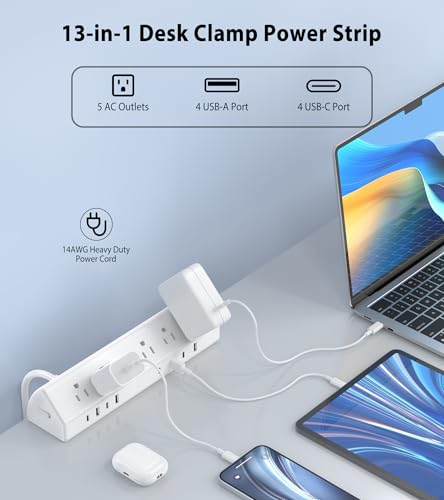 Jgstkcity Desk Clamp Power Strip USB C 45W,8 USB,15FT Cable,White - color: White, size: 15 FT