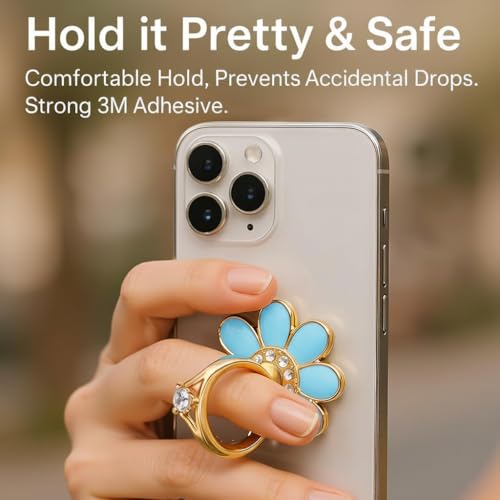 NXVX Daisy Flower Phone Ring Holder, Blue Bling Finger Grip & Kickstand - color: Blue