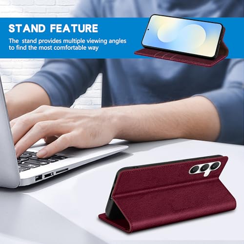 ZZXX for Samsung Galaxy S25 FE Wallet Case with [RFID Blocking] Card Slot Stand Strong Magnetic PU Leather Flip Fold Protective Phone Case for Samsung Galaxy S25 FE Case Wallet(Wine Red-6.7 inch) - color: Wine Red