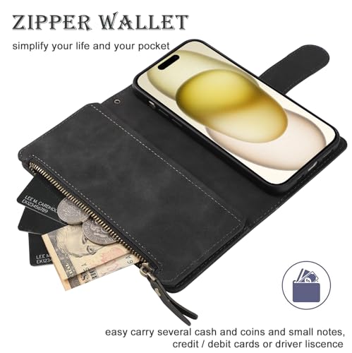 RANYOK iPhone 15 6.1 inch Flip Wallet Case with RFID Blocking, Zipper Pocket, Kickstand, Wrist Strap, Black Leather - color: Black