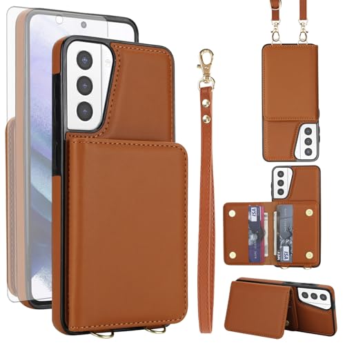 Phone Case for Samsung Galaxy S21 Plus S21+ 5G Wallet Cell Cover with Tempered Glass Screen Protector Wrist Crossbody Strap RFID Blocking Stand Card Holder S21+5G S21plus 21S + S 21 21+ G5 Women Brown - color: Brown