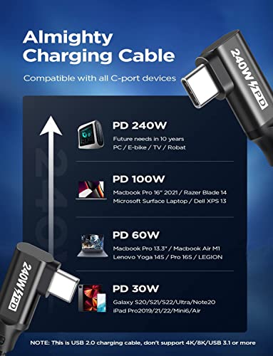 240W USB C to USB C Cable 10FT,Right Angle PD 3.1 Type C to C 5A Fast Charging Cable for MacBook Pro/Air,iPad Pro/Air/Mini,iPhone15/15Pro/15Plus/15ProMax,Samsung S24/S23/S22,Surface Book2,Pixel - style: Dual 90° Right Angle