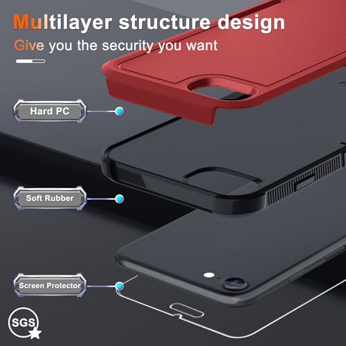 Case for iPhone 8/7/SE 2022 2020, with Screen Protector,Military Grade Heavy Duty Shockproof Phone Cover with Wrist Lanyard Strap for iPhone 8/7/SE 2nd 3rd 4.7 inch,Red | with Screen Protector+Wrist Lanyard Strap,Heavy Duty Shockproof Case for iPhone 8/7/