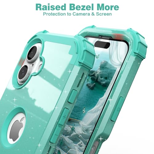 IDweel for iPhone 17 Case with Screen Protector for Women, 3 in 1 Shockproof Slim Fit Hybrid Heavy Duty Hard PC Cover Soft Silicone Bumper Full Body Anti-Fingerprint Case, Glitter Cyan - color: Glitter Cyan