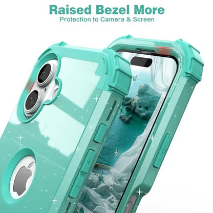 IDweel for iPhone 16 Case with Screen Protector for Women, 3 in 1 Shockproof Slim Fit Hybrid Heavy Duty Hard PC Cover Soft Silicone Bumper Full Body Anti-Fingerprint Case,Glitter Cyan - color: Glitter Cyan