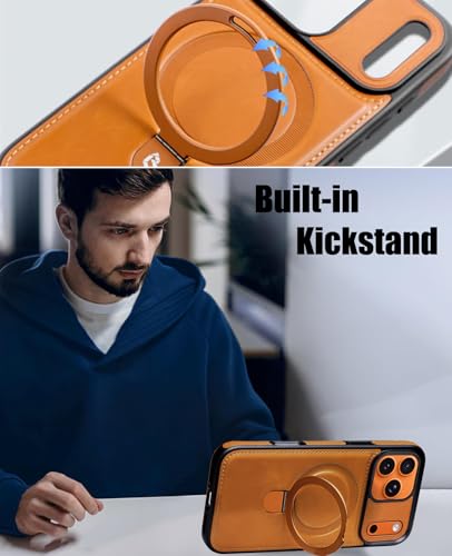 for iPhone 17 Pro Max Leather Case with Magnetic Ring Holder,[Compatible with Wireless Charging] Luxury Slim Shockproof Non-Slip Protective Kickstand Cover for iPhone 17 Pro Max (Brown) - color: Brown
