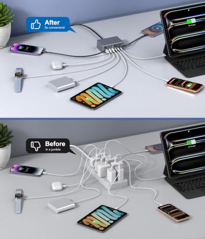 8-in-1 Retractable USB C Charger Charging Station Hub for Multiple Devices - color: Grey