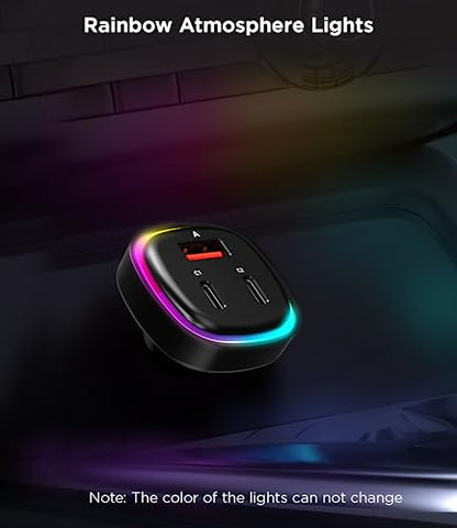 66W USB C Car Charger, [All Metal] 2PD + QC3.0 USB Car Cigarette Lighter USB Charger Adapter with RGB for Samsung Galaxy S23/22/21 iPhone iPad Pro Pixel Android Phones