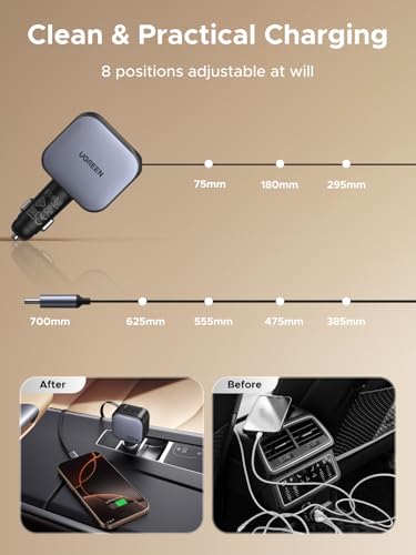 UGREEN 90W 3-Port Retractable Car Charger with 60W Retractable Cable