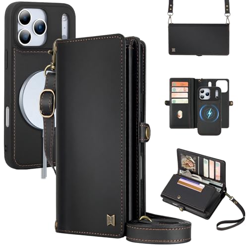 for Wallet Case Compatible with iPhone 17 Pro Max,Multi-Function Detachable 2 in 1 Magnetic iPhone 17 Pro Max Case Wallet,Flip Strap Zipper Card Holder Phone Case with Shoulder Straps (Black) - color: Black, size: iPhone 17 Pro Max