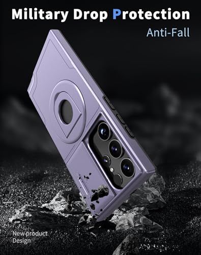ANNGELAS for Samsung Galaxy S23 Ultra Mag Safe Kickstand Case with Slide Camera Cover,Slim Shockproof Military Heavy Duty Anti Drop Full Body Protection,360 Rotating Stand Magnetic Phone Case(Purple) - color: Magnetic Stand Purple