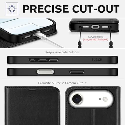 TUCCH Wallet Case for iPhone Air (6.5") 2025, 4 Card Holders, Black | RFID Blocking, Viewing Stand, Shockproof TPU Shell, PU Leather, Magnetic Closure, Protective Folio Flip Cover - color: Black