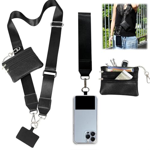 Phone Strap With Zippered Pouch, Universal Lanyard Crossbody Wrist Strap With Wallet, Adjustable - color: Black