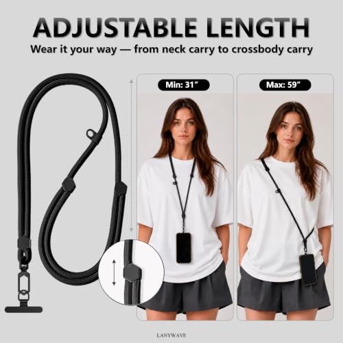 Adjustable Crossbody Phone Lanyard, Braided Cord with Tether Tab - color: Black