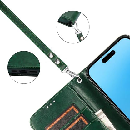 Bocasal Detachable Wallet Case Card Holder for iPhone 16 Pro Max Green | RFID Blocking Kickstand Card Slots Holder PU Leather Magnetic Shockproof Wrist Strap Removable Flip Protective Cover 6.9 inch - color: Green