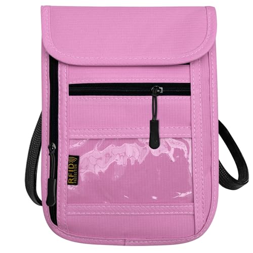 RFID Blocking Travel Neck Wallet Pouch and Passport Holder, Travel Neck Pouch Passport Holder for Women & Men - Pink - color: Pink