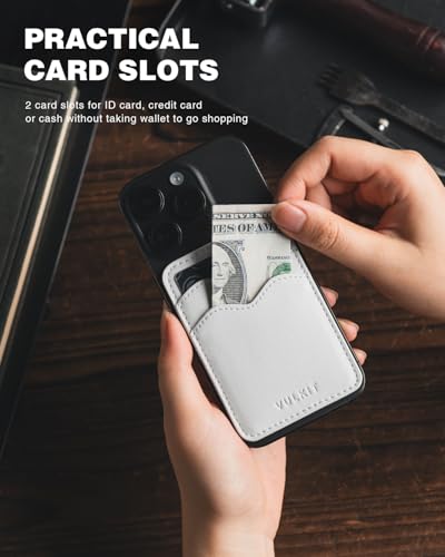 VULKIT Stick on Card Holder Compatible for iphone Leather Cell Phone Wallet Credit Card Case Strong Sticker for Women - color: New White