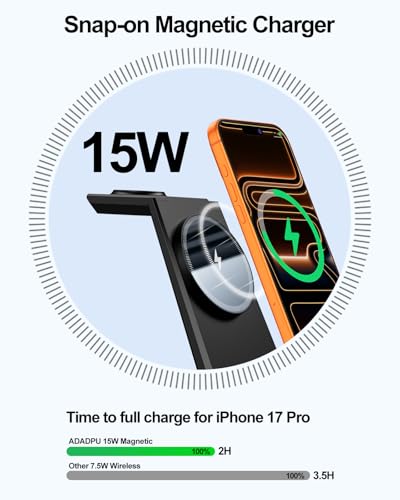 3 in 1 Magnetic Wireless Charging Station - 15W Fast Charging for iPhone 18 Pro Max/17/16/15/14/13/12, Compatible with MagSafe, for Apple Watch & AirPods, Auto-Dimming Indicator, Includes 30W Adapter - color: Black