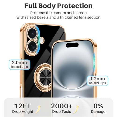 Dinick Black for iPhone 16 Case with Ring Holder Kickstand - color: Black, size: 6.1'' iPhone 16