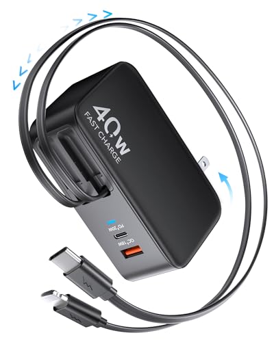 4-in-1 Retractable USB C Wall Charger,40W Fast Charging for Multi-Device - color: Black