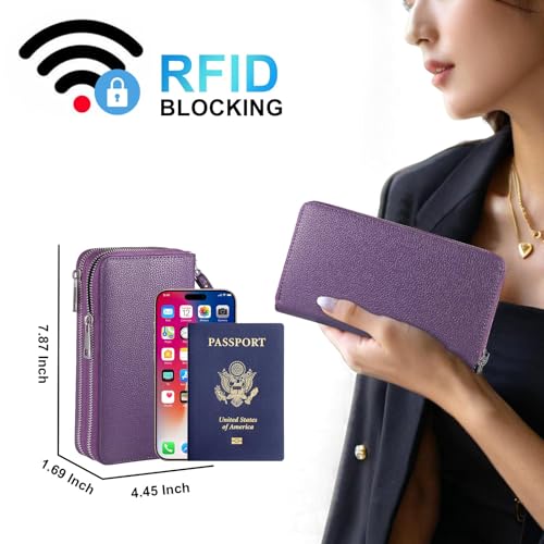 RFID Blocking Cellphone Wallet for Women with Wrist Strap, Double Zipper Travel Clutch Purse Large Capacity, Purple - color: Purple