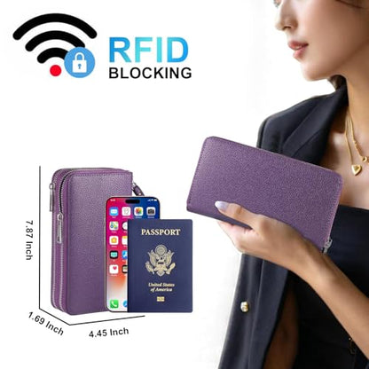 RFID Blocking Cellphone Wallet for Women with Wrist Strap, Double Zipper Travel Clutch Purse Large Capacity, Purple - color: Purple