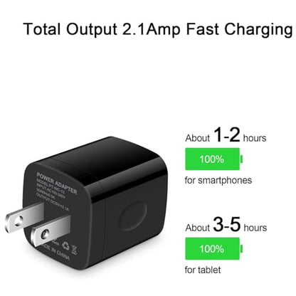 Black USB Wall Adapter, Charging Block, Dual Port 2.1A Fast Wall Charger