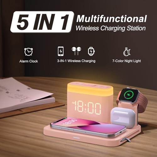ANJANK 5 in 1 Wireless Charging Station with Alarm Clock,7 Night Light & 0-100% Dimmer,Qi Mag-Safe Charger Stand for Apple Devices - for iPhone 17 16 15 14 13 12 Pro Max Plus Air,Apple Watch,Airpods - color: Pink