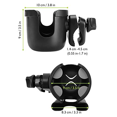 Accmor Stroller Cup Holder with Phone Holder, Bike Cup Holder, Universal Cup Holder for Uppababy Nuna Strollers, 2-in-1 Drinks Holder for Walker, Wheelchair, Scooter - color: All Black & All Black