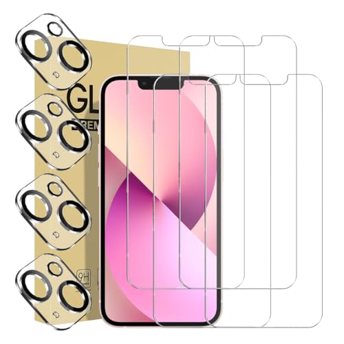 4 Pack Screen Protector for iPhone 13 with 4 Pack Camera Lens Tempered Glass Protector, 6.1 Inch HD Clear Tempered Glass Film 9H Hardness Full Coverage, Scratch Resistent, No Air Bubbles