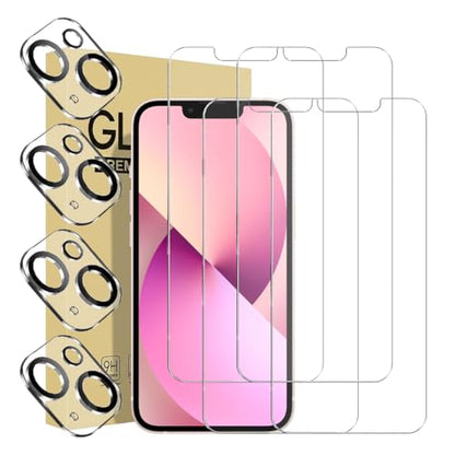 4 Pack Screen Protector for iPhone 13 with 4 Pack Camera Lens Tempered Glass Protector, 6.1 Inch HD Clear Tempered Glass Film 9H Hardness Full Coverage, Scratch Resistent, No Air Bubbles