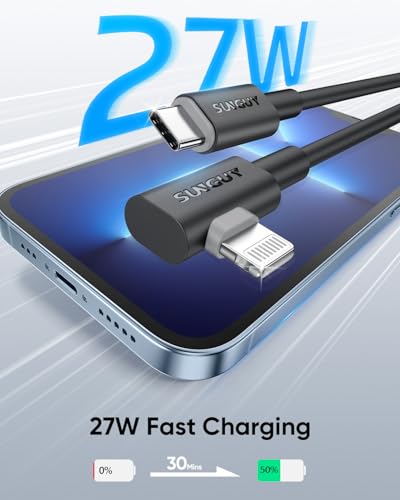 SUNGUY Short USB C to Lightning Cable 1FT, 2 Pack 27W Right Angle Lightning Cable Fast Charging for iPhone 14/13/12/11 Pro Max Mini XR XS 8 7 6 5 Plus, CarPlay - size: 1FT
