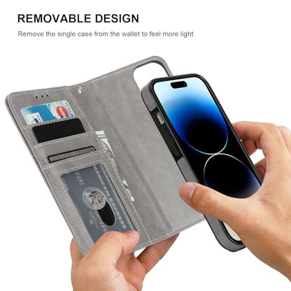 Bocasal Detachable Wallet Case Card Holder for iPhone 14, Grey | RFID Blocking Kickstand Card Slots Holder PU Leather Magnetic Shockproof Wrist Strap Removable Flip Protective Cover 6.1 inch - color: Gray