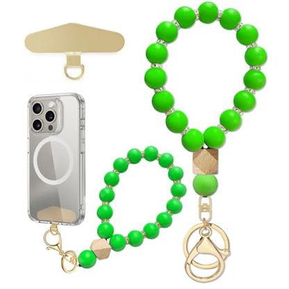 Silicone Beaded Phone Wrist Strap, Phone Bracelet Strap with Tether Tab Elastic Hands Free Wristlet Strap - color: Grass Green