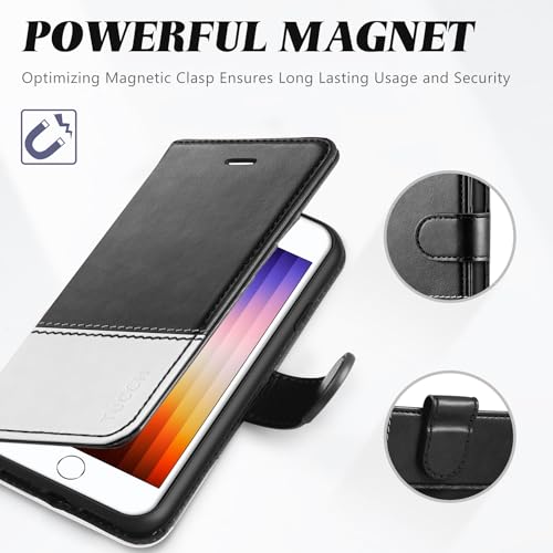 TUCCH Wallet Case for iPhone SE 2022/SE 2020/iPhone 7/8 4.7", Black & White | 3 Card Holders, Kickstand, PU Leather, Shockproof TPU Shell, Magnetic Closure, Protective Folio Cover - color: Black & White