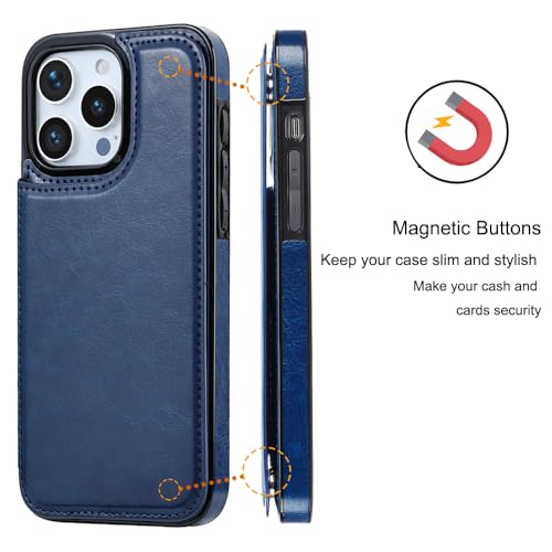 Wallet Case Compatible with iPhone 15 Pro Max(6.7"),Slim Protective case with Card Holder,Premium PU Leather Kickstand Card Slots Case with 1 Screen Protective Glass-Deep Blue - color: Deep Blue