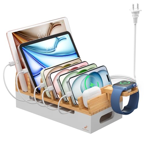 Bamboo Charging Station with 5 Port Charger HUB & 5 Cables-Natural + White - color: Natural + White