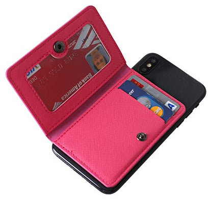ID Card Holder for Back of Phone Leather Phone Wallet Stick On with Stand Flip Waterproof Leather Adhesive Wallet for Most Cellphones (Hot Pink) - color: Hot Pink