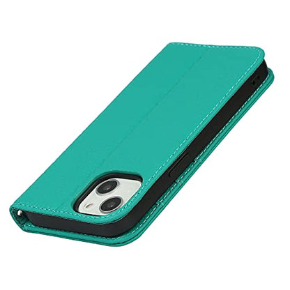 iCoverCase Compatible with iPhone 13 Wallet Case with Credit Card Holder and Wrist Strap, RFID Blocking Genuine Leather Flip Magnetic Phone Cover 6.1 Inch (Blue-Green) - color: 1-Blue-Green (No Headphone Storage Belt), size: iPhone 13