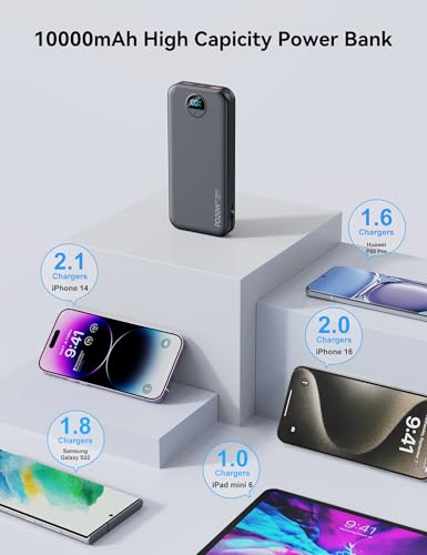 Portable Charger Power Bank 10000mAh with Built in Cables & Wall Plug - color: Pitch Black