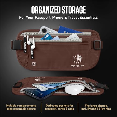 VENTURE 4TH Travel Money Belt, RFID Blocking Passport Holder - Brown - color: Brown