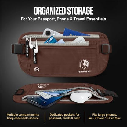 VENTURE 4TH Travel Money Belt, RFID Blocking Passport Holder - Brown - color: Brown