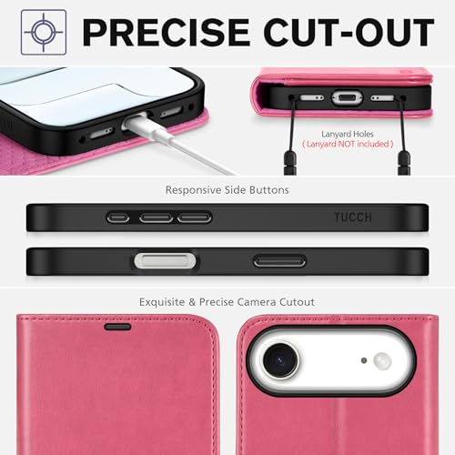 TUCCH Wallet Case for iPhone Air (6.5") 2025, Flip Stand, Hot Pink | RFID Blocking, 4 Card Holders, Kickstand, PU Leather, Shockproof TPU Shell, Magnetic Closure, Protective Folio Cover - color: Hot Pink