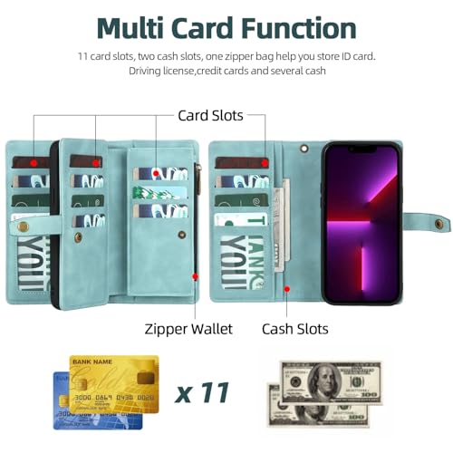 TwoHead for iPhone 11 Wallet case with 11 Card Holder (Blue) | Detachable Magnetic Phone Case, PU Leather Wallet for Women/Men,Wireless Charging Compatible,with Wrist Strap - color: Blue