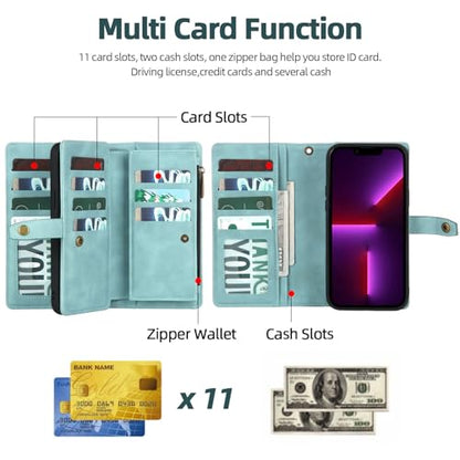 TwoHead for iPhone 11 Wallet case with 11 Card Holder (Blue) | Detachable Magnetic Phone Case, PU Leather Wallet for Women/Men,Wireless Charging Compatible,with Wrist Strap - color: Blue
