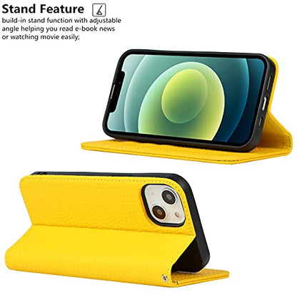 iCoverCase Compatible with iPhone 13 Wallet Case with Credit Card Holder and Wrist Strap, RFID Blocking Genuine Leather Flip Magnetic Phone Cover 6.1 Inch (Yellow) - color: 1-Yellow (No Headphone Storage Belt), size: iPhone 13