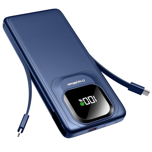 Portable Charger with Built-in Cables,22.5W Super Fast Charging Power Bank Slim Phone Charger,10000mAh Travel Battery Pack Battery Bank with Smart LED Display for iPhone, Android & USB-C - color: Blue