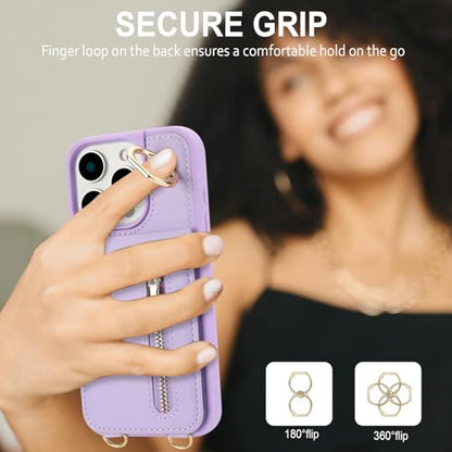 Crossbody Wallet Case for iPhone 12 Pro Max, with Card Slots Zipper Pocket Case, Flip Folio Purse RFID Blocking with Ring Kickstand Detachable Strap-Purple - color: Purple, size: iPhone 12 Pro Max(6.7")