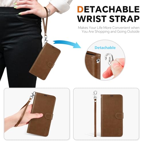 TUCCH 2-in-1 Detachable Wallet Case for iPhone 17e/16e (6.1"), Brown | 4 Card Holders, RFID Blocking, Wireless Charging, Kickstand, Wrist Strap, Shockproof TPU, PU Leather, Magnetic, Folio Cover - color: Brown