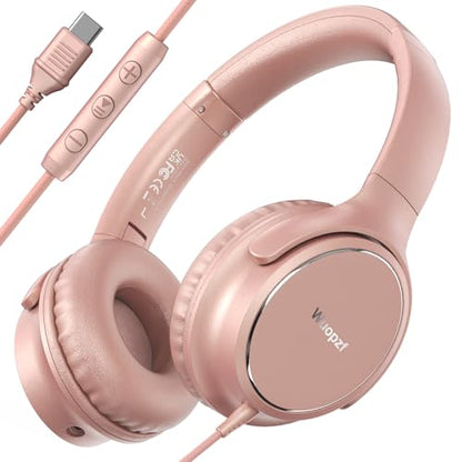 USB C Wired Over-Ear Headphones with Microphone - color: Rose Gold